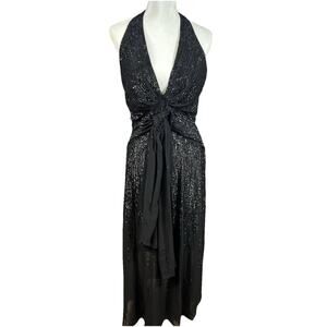 Chicas Black Sequin Halter Gown Dress Size L Backless Evening Formal Maxi